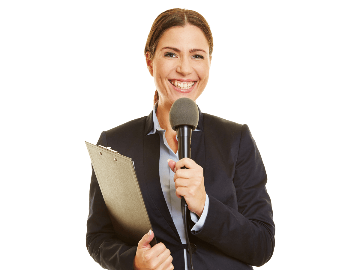 Croatian interpreting services woman smiling holding a mic and clipboard