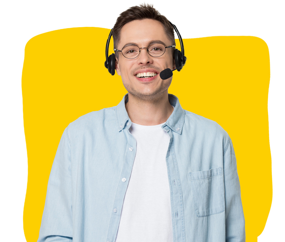 Croatian Interpreter confidently smiling wearing a headset and light blue shirt