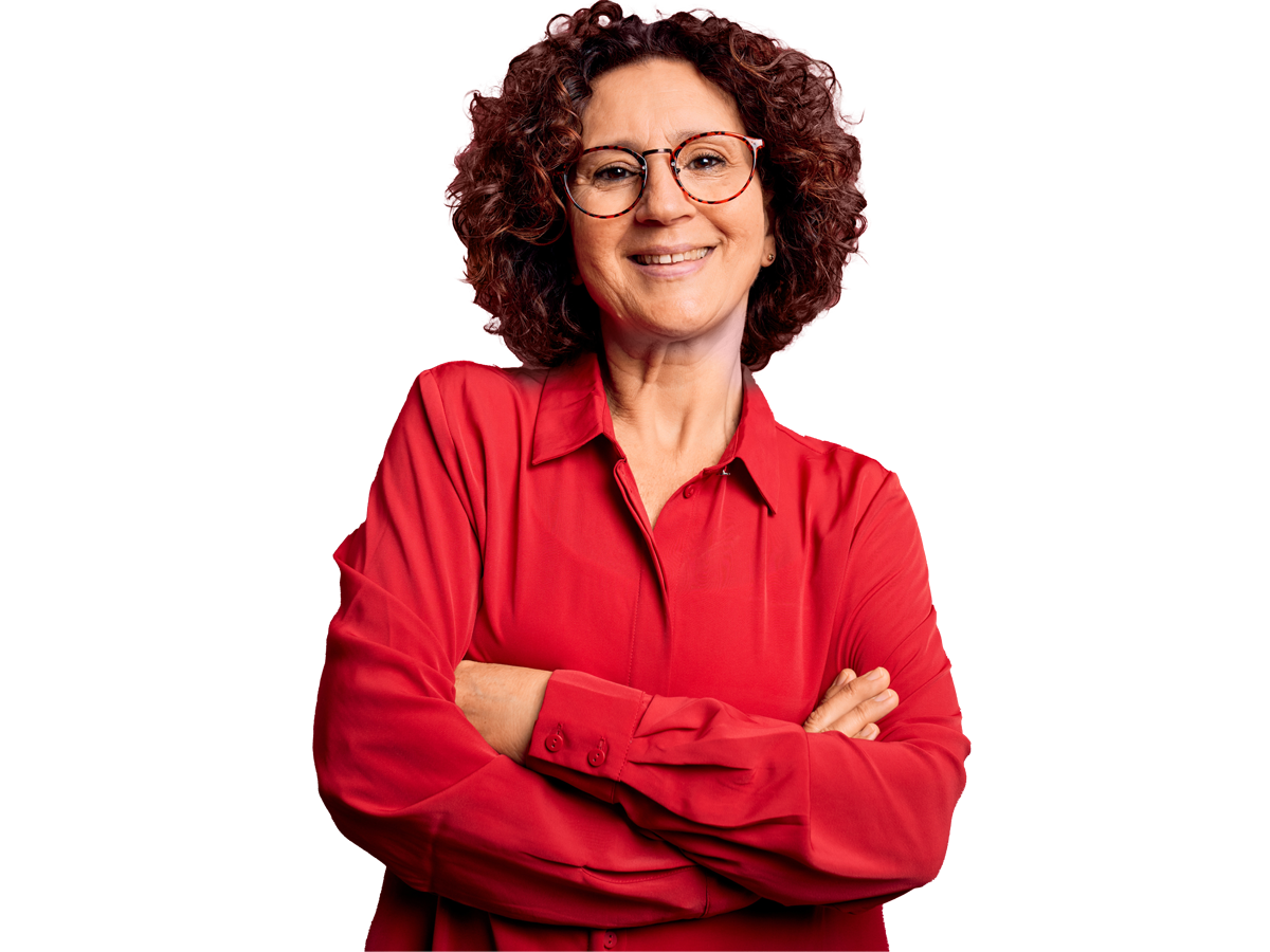 Cuban spanish translation services, Middle age beautiful curly hair woman wearing casual shirt and glasses