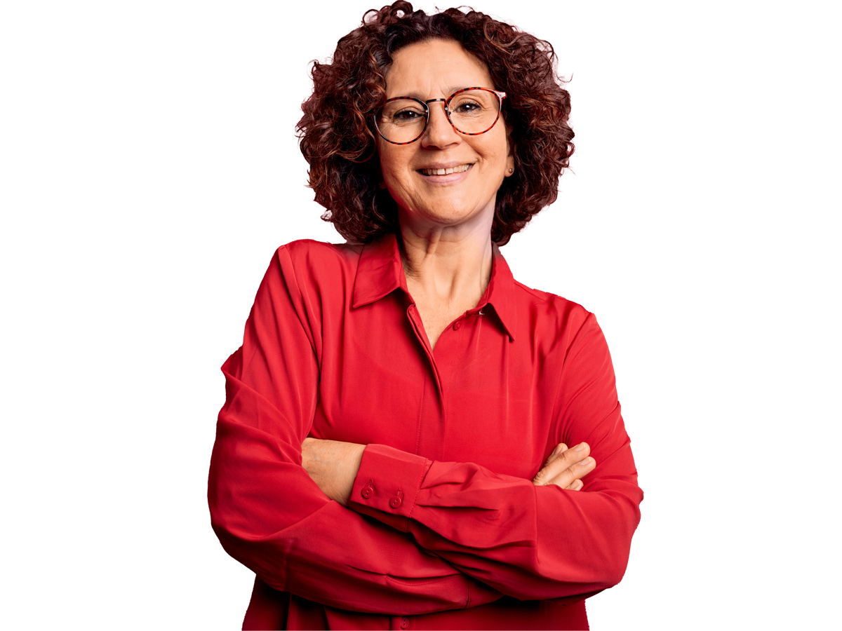 Cuban spanish translation services, Middle age beautiful curly hair woman wearing casual shirt and glasses