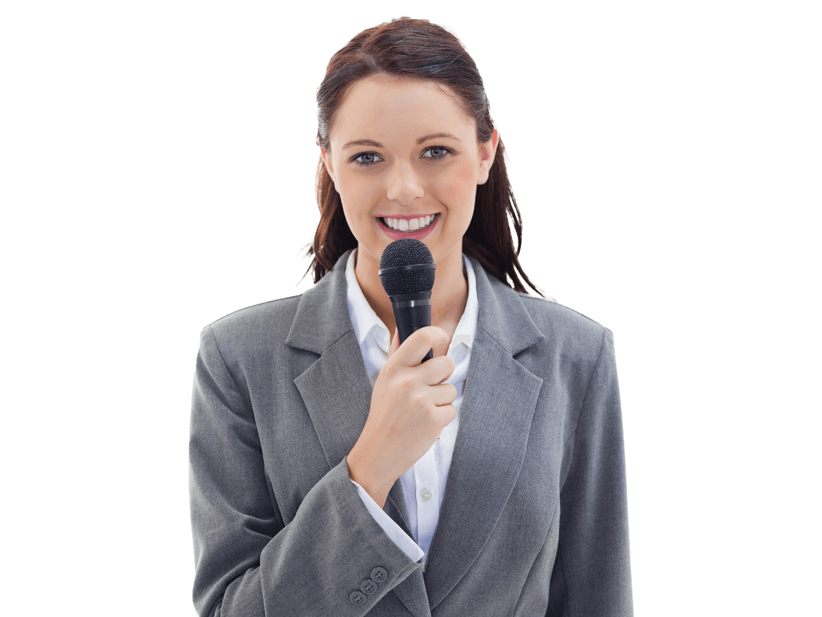 Czech interpreting services smiling expert woman wearing a grey jacket holding a mic