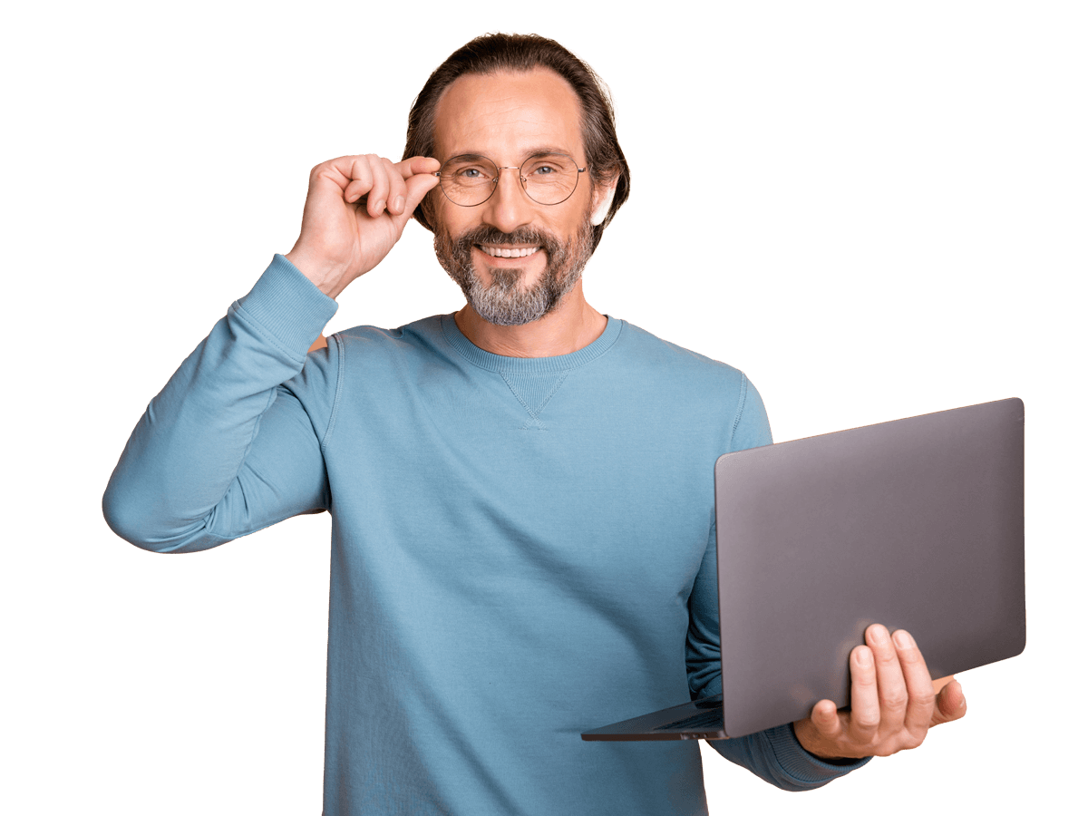 Danish Subtitling expert holding a laptop