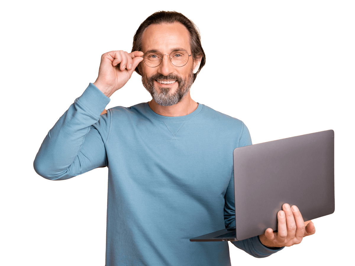 Danish translation services expert wearing glasses using laptop smiling