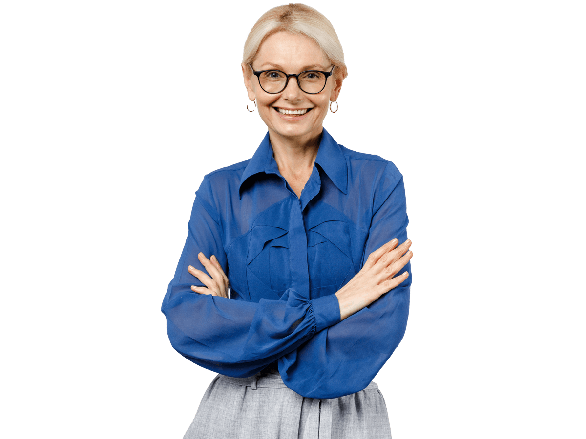 Danish transcreation services, Blonde confident employee business woman 40s wear blue classic shirt glasses formal clothes holding hands