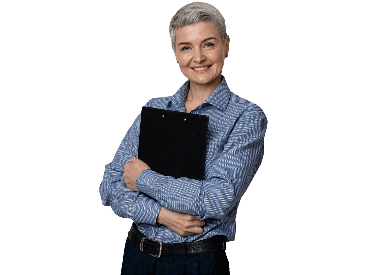 Document translaion service expert smiling and holding a black file