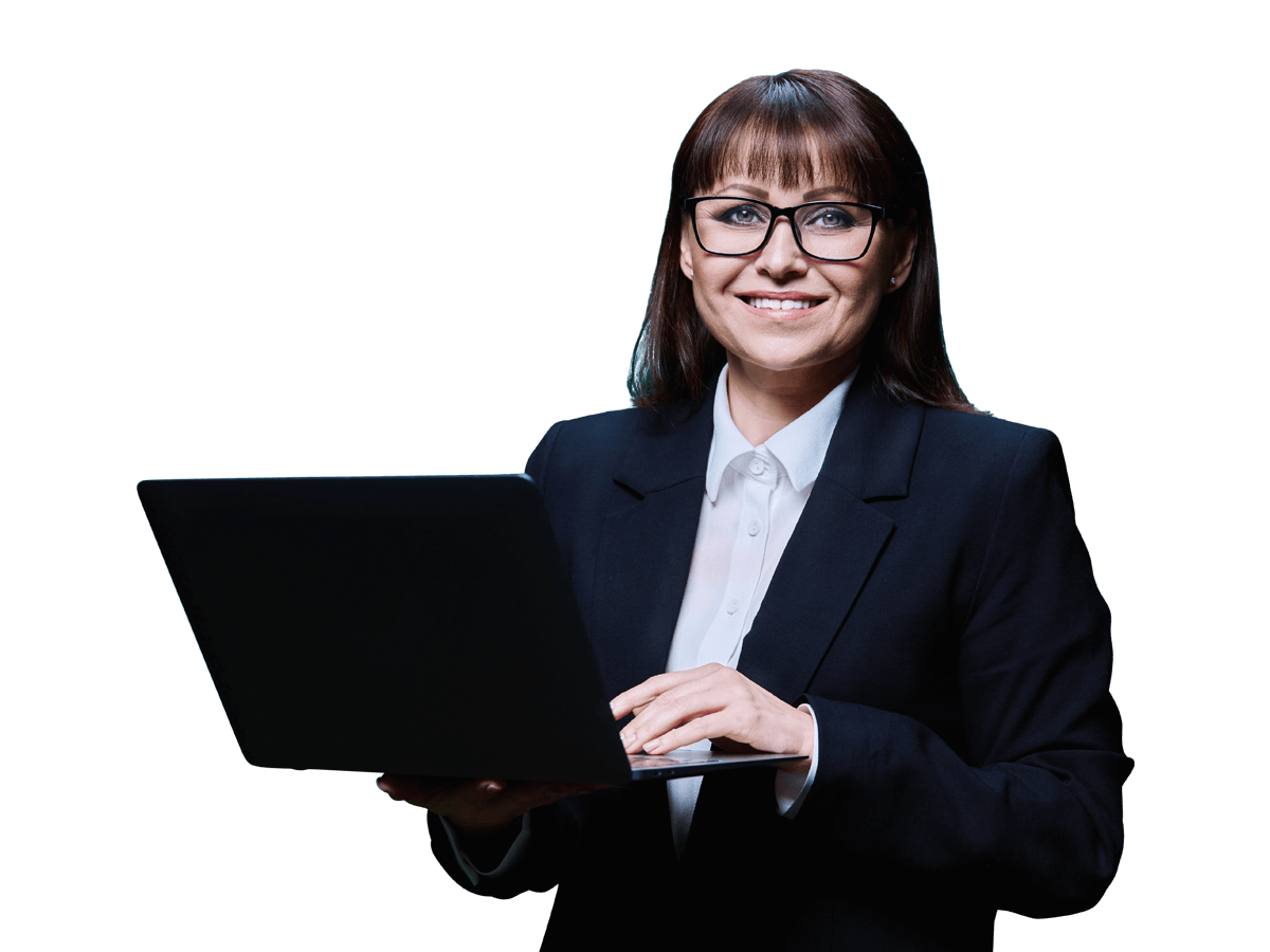 Dutch legal translation services smiling woman wearing a black jacket holding a laptop