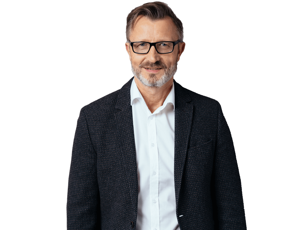 Dutch localisation services, Half-length front portrait of a handsome bearded middle-aged man in suit and glasses,
