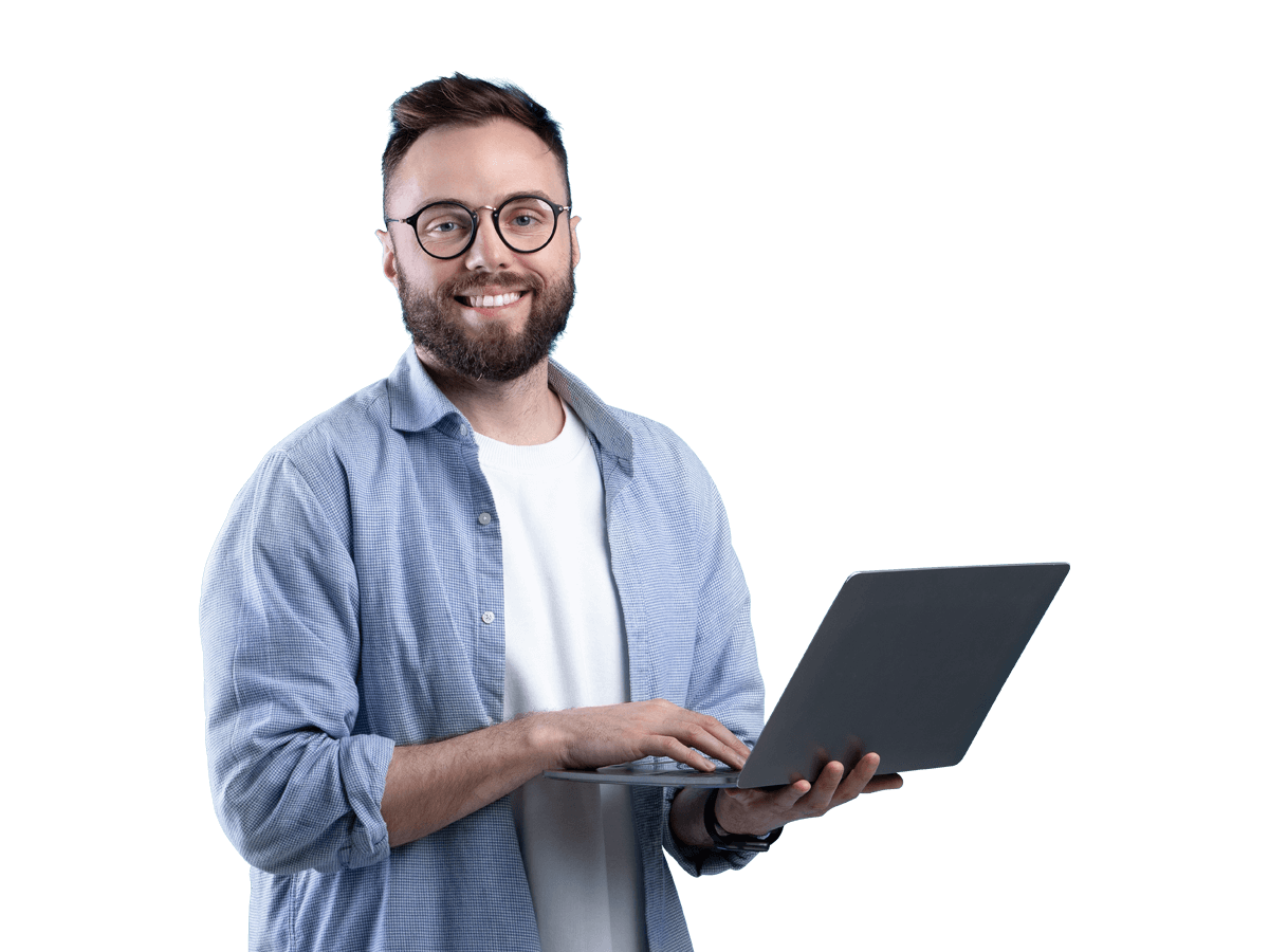 Dutch website translation services smiling man wearing glasses holding a laptop