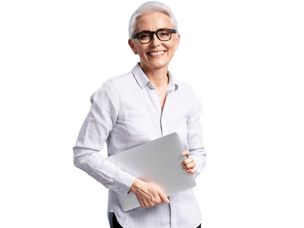 E-commerce translation services,  Smiling confident gray haired woman wearing stylish eyeglasses holding laptop computer