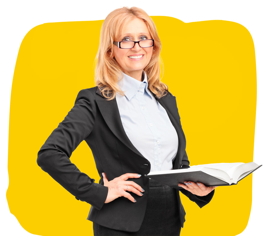 Education translation professional wearing glasses and black suit holding a book smiling