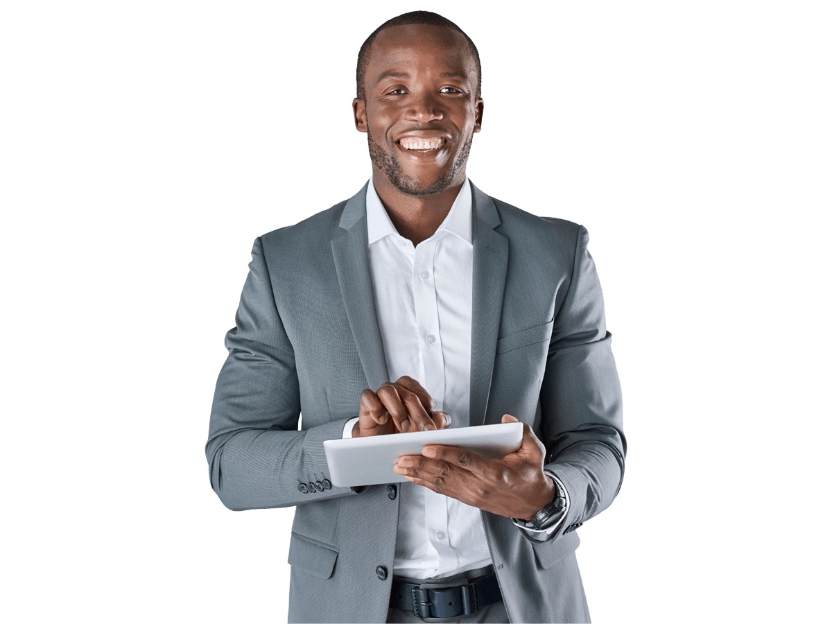 Electronic products translation services, Smiling portrait of black businessman with touchscreen tablet device in business