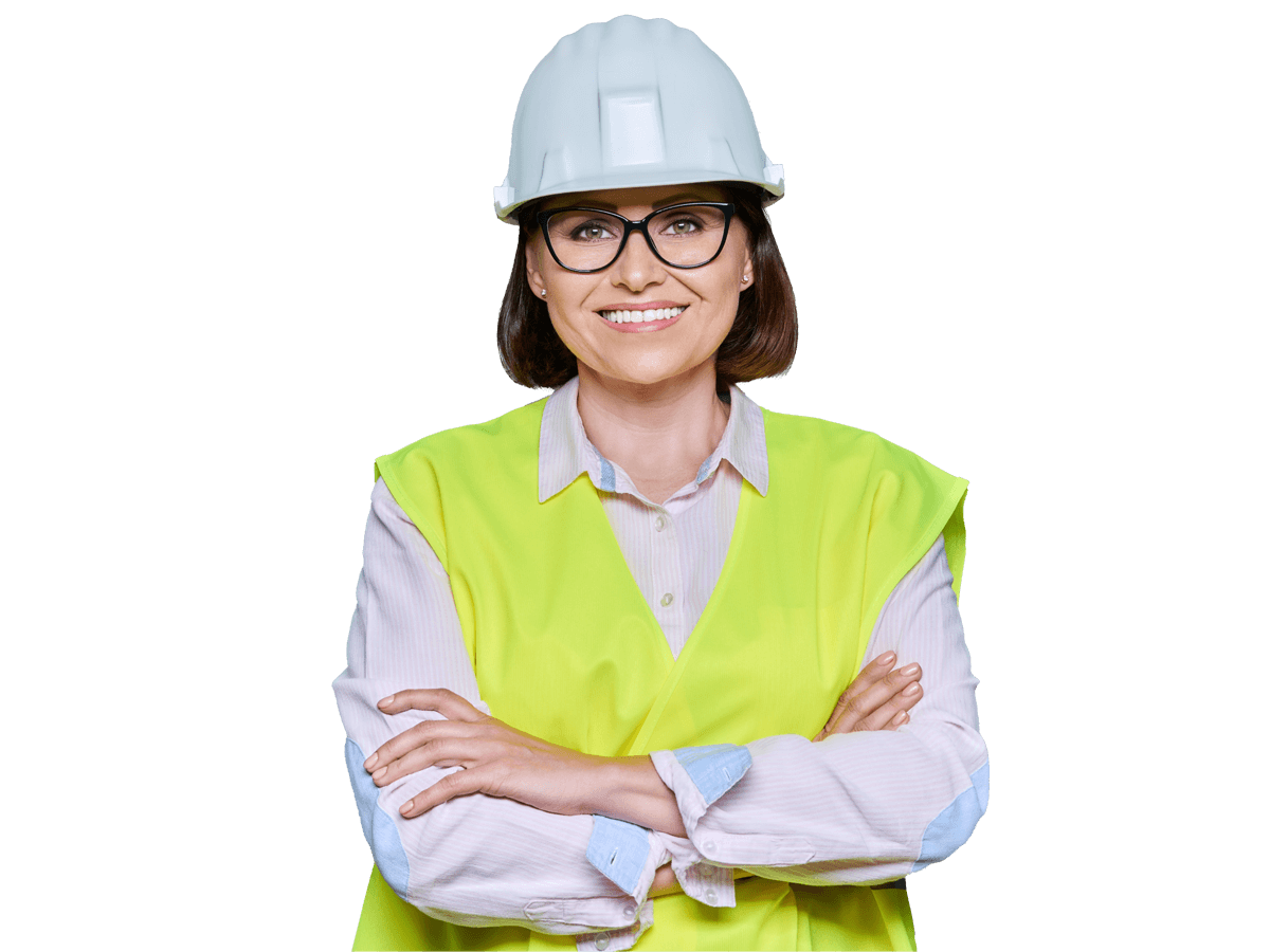 Energy translation services, Portrait of female industrial worker in protective hard hat vest on gray background
