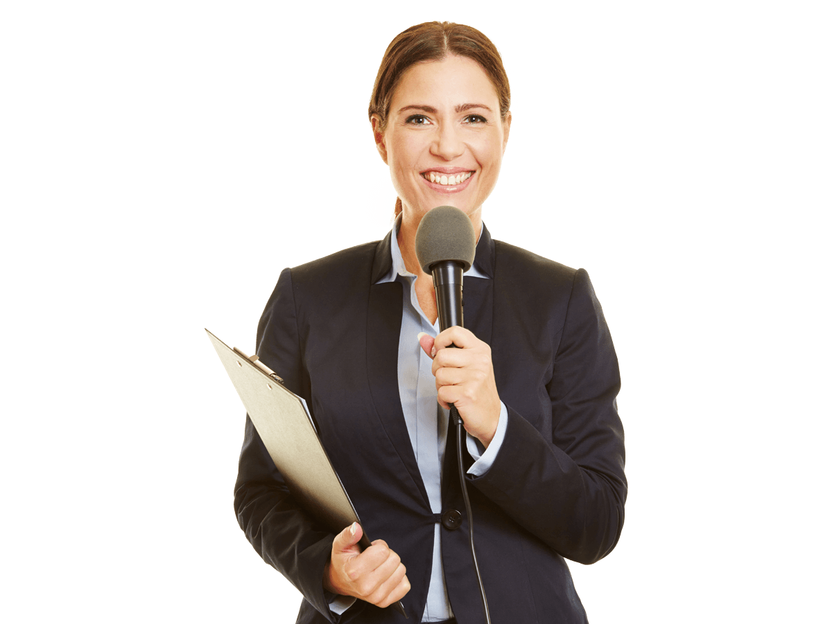 English interpreting services woman wearing glasses confidently holds a microphone