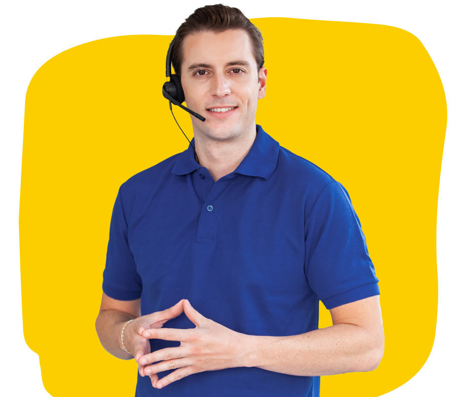 English professional Interpreter wearing headset and blue shirt smiling