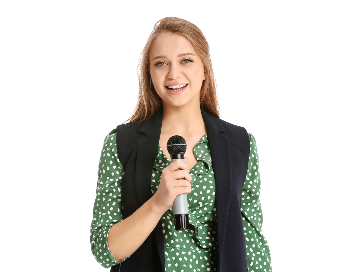 Estonian interpreting services Smiling woman holding a microphone.