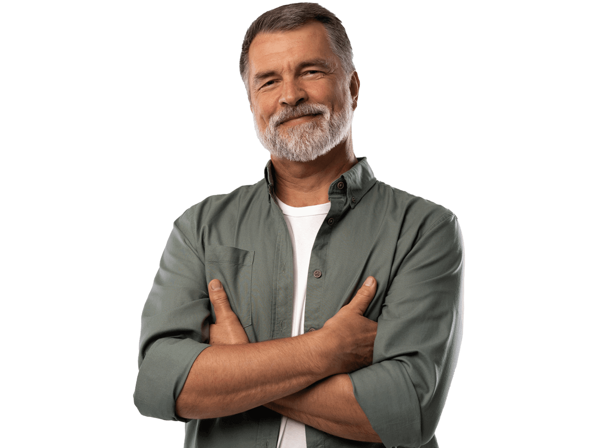 Estonian transcreation services, Portrait of smiling mature man standing on white background.