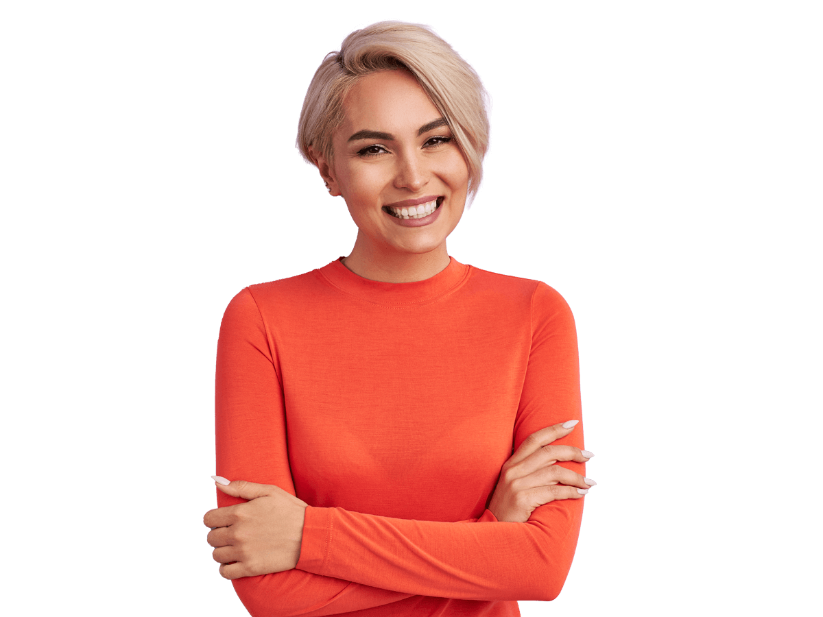 European translation services Smiling woman in orange top