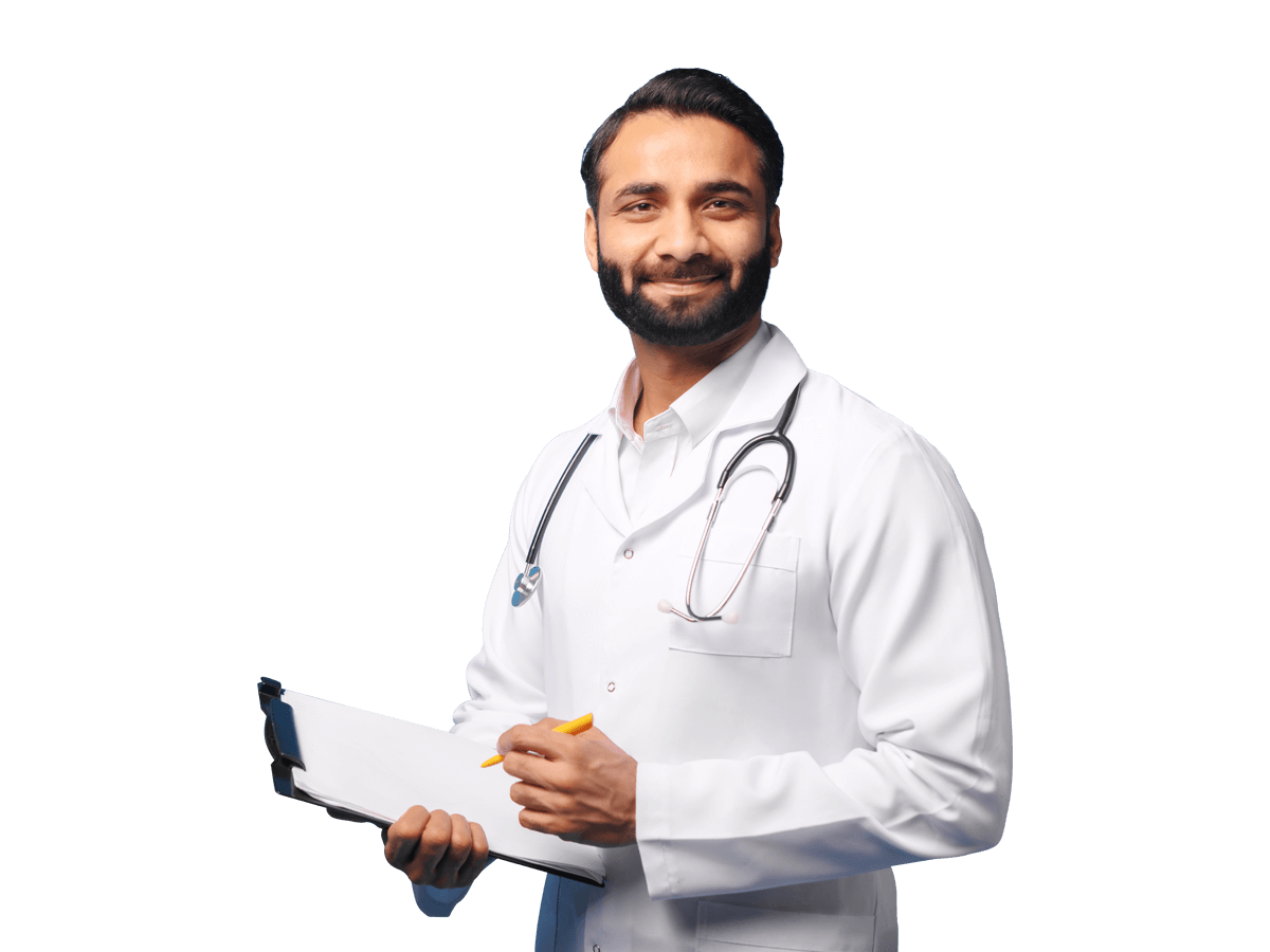 Farsi medical translation services doctor wearing a white lab coat holding a clipboard
