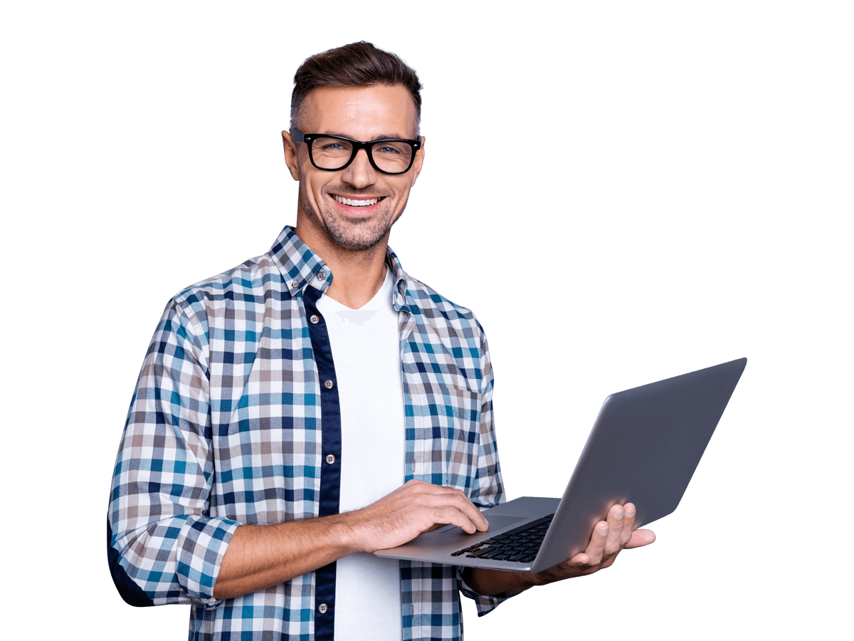Farsi website translation services Smiling man holding a laptop