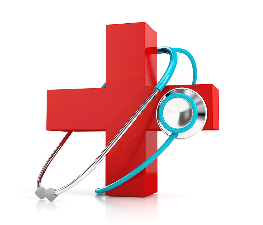 Farsi medical translation services symbolized by stethoscope and red first aid symbol isolated on white