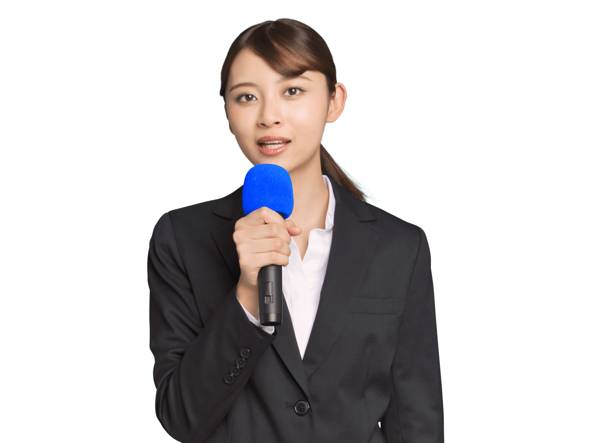 Filipino interpreting services woman wearing a black jacket and holding a mic
