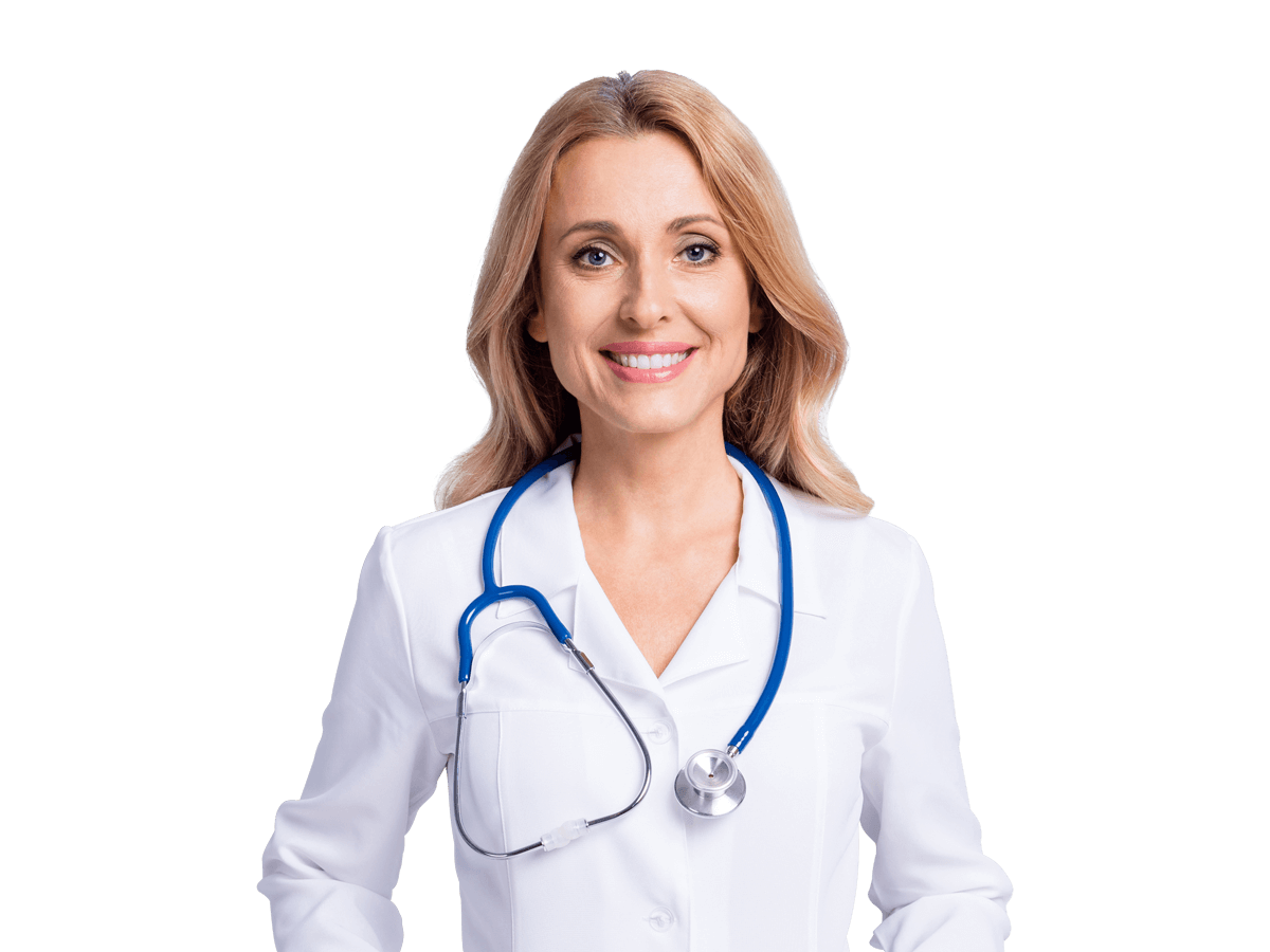 French medical translation services women doctor smiling wearing a lab coat 