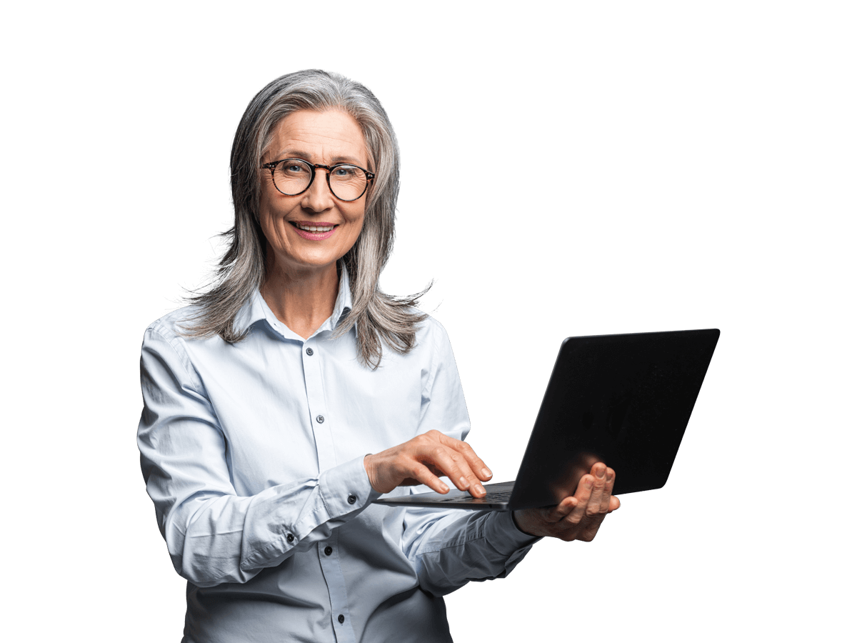 French website translation services woman smiling holding a laptop