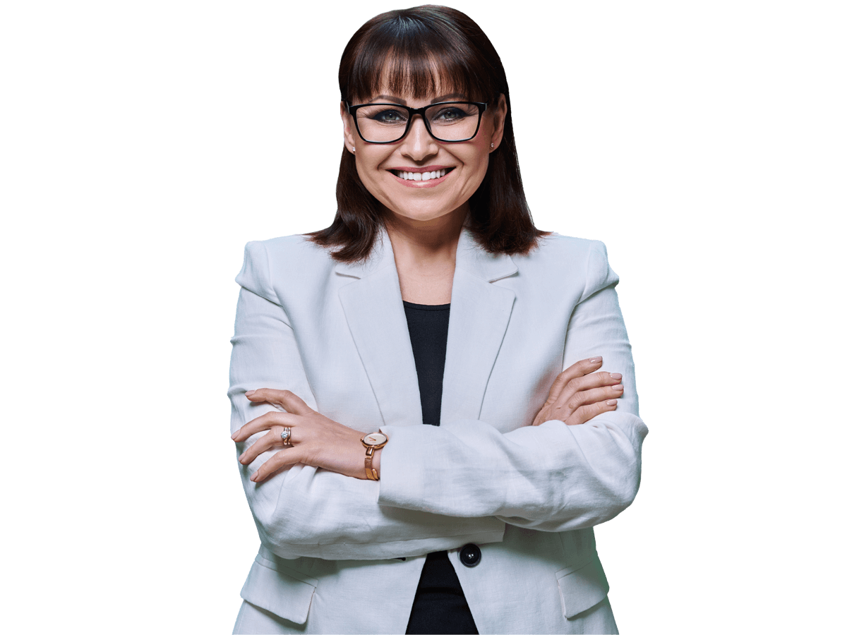 Galician translation services, Middle aged businesswoman in suit with crossed arms on white background