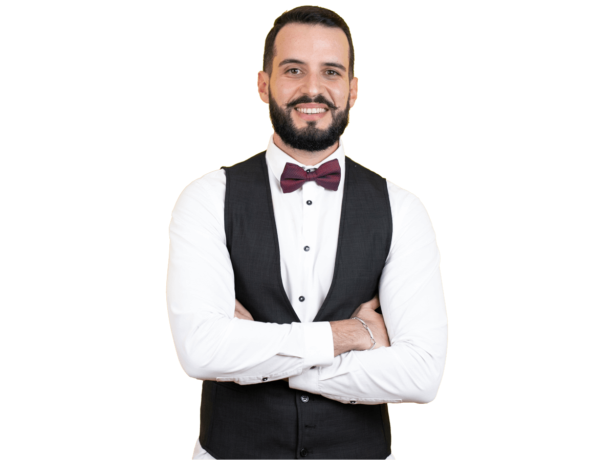 Gambling and casinos translation services, Young man with beard wearing bow tie and vest wearing casual clothes smiling confident crossing arms