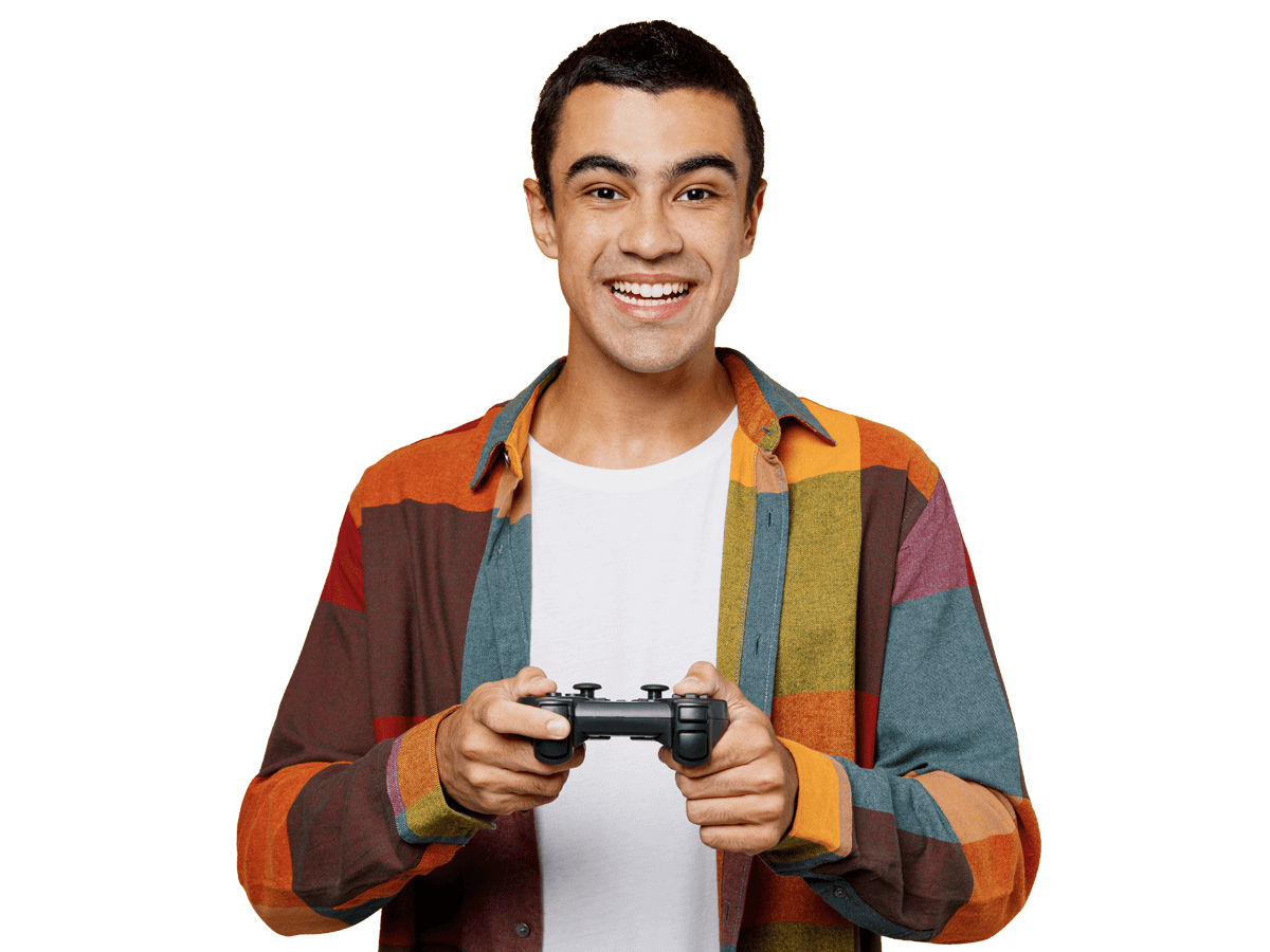 Gaming translation services, lderly smiling happy cool fun caucasian woman 50s in glasses yellow shirt hold in hand play pc game with joystick console 