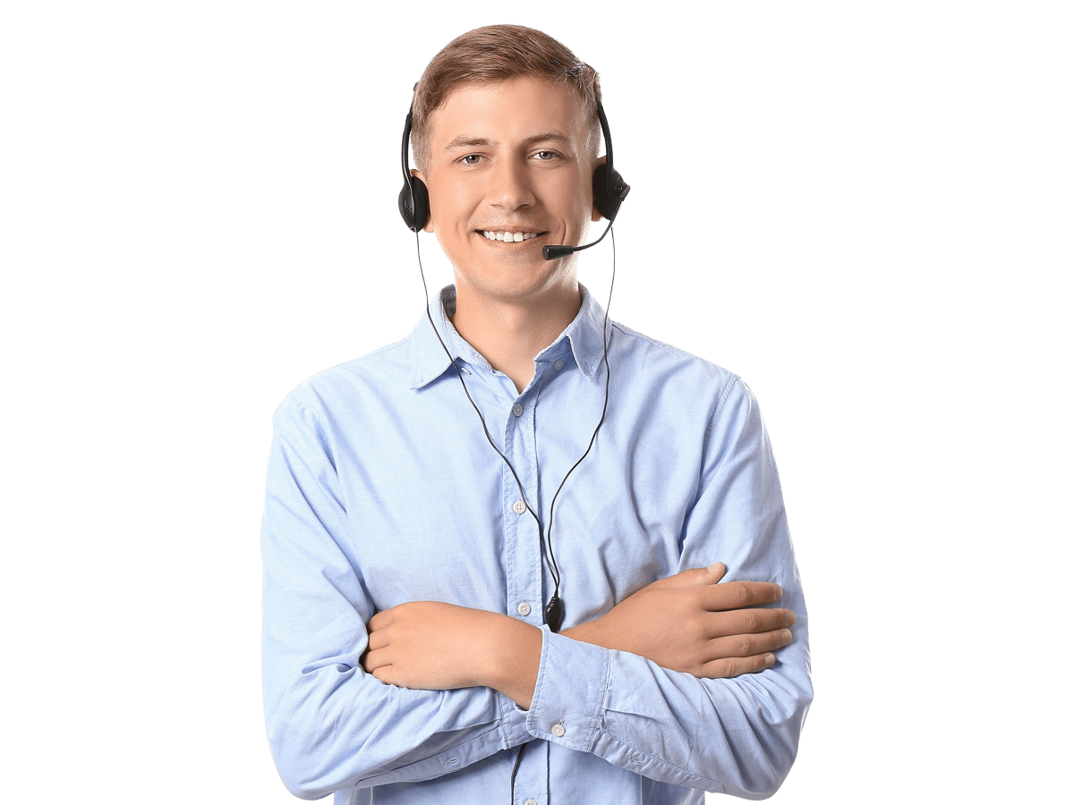 German interpreting services man wearing blue shirt and a headset