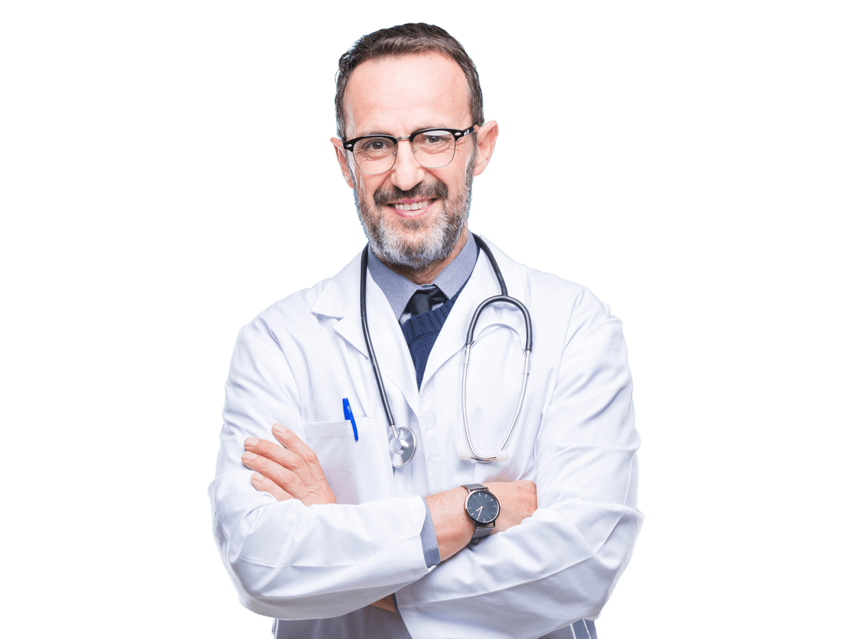 German medical translation services doctor smiling wearing a white lab coat