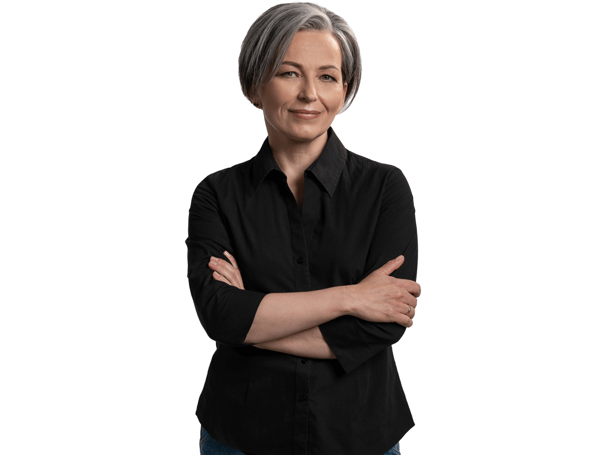 German translation services, Pretty mid aged grey haired woman in black shirt isolated on grey background. 