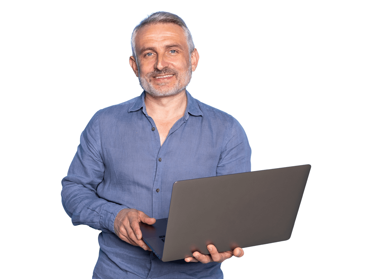 German website translation services man wearing a blue shirt holding a laptop 