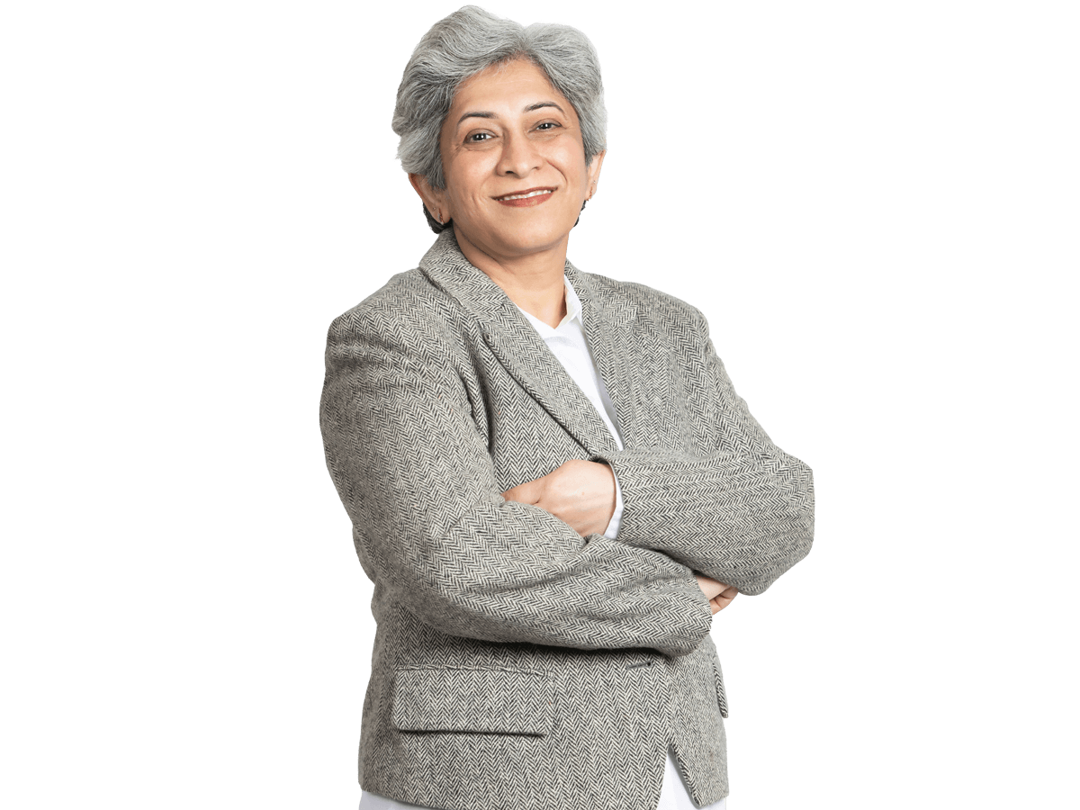 Gujarati translation Smiling Expert in gray suit 