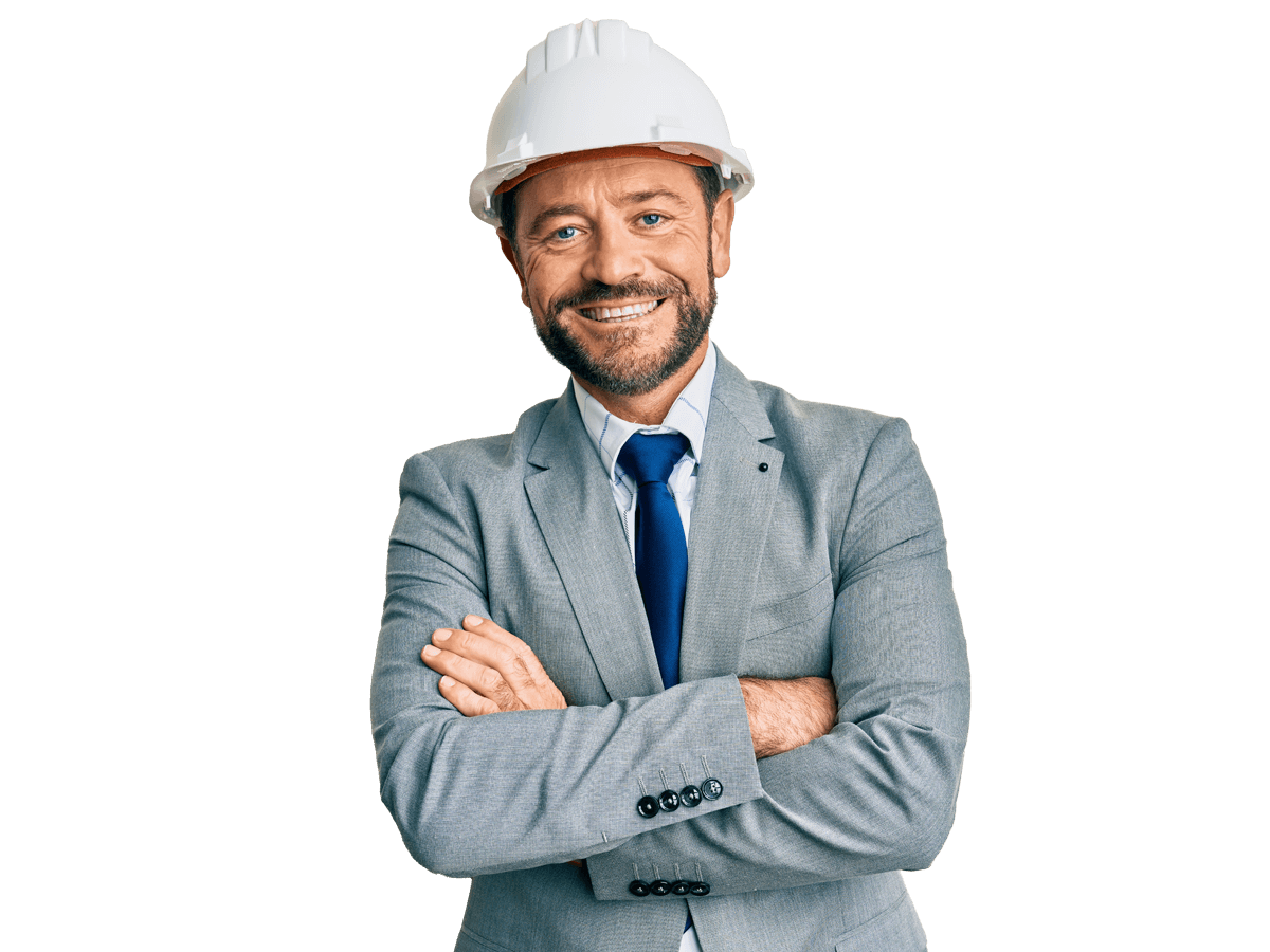 Health and safety translation services, Middle age man wearing architect hardhat happy face smiling