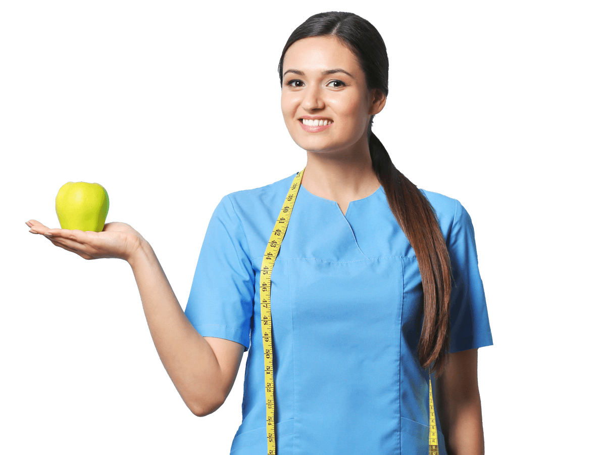 Healthcare translation services professional holding an apple and smiling at the camera