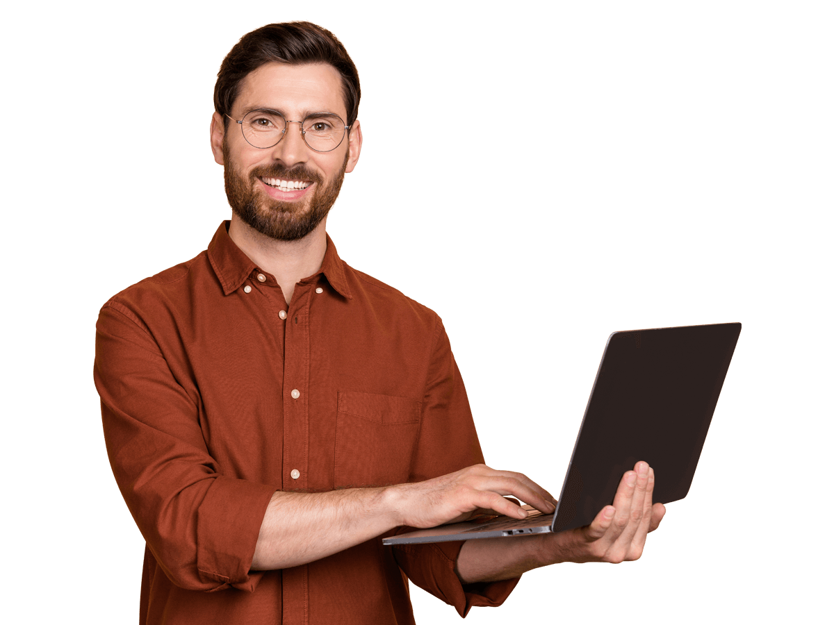 Hebrew website translation services, Photo of cheerful positive man toothy smile hold use wireless netbook isolated on beige color background