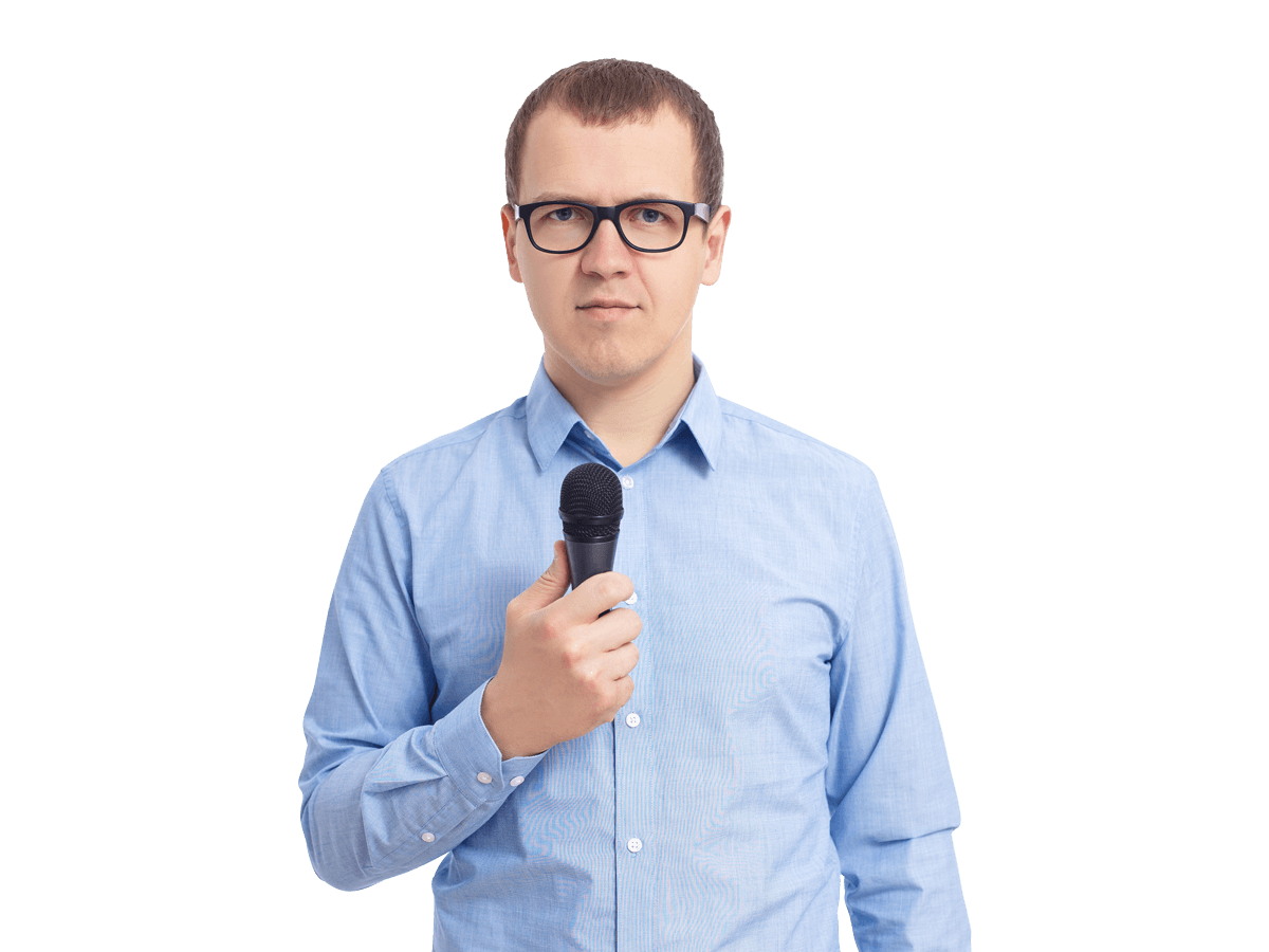 Hungarian interpreting services man wearing glasses confidently holds a microphone