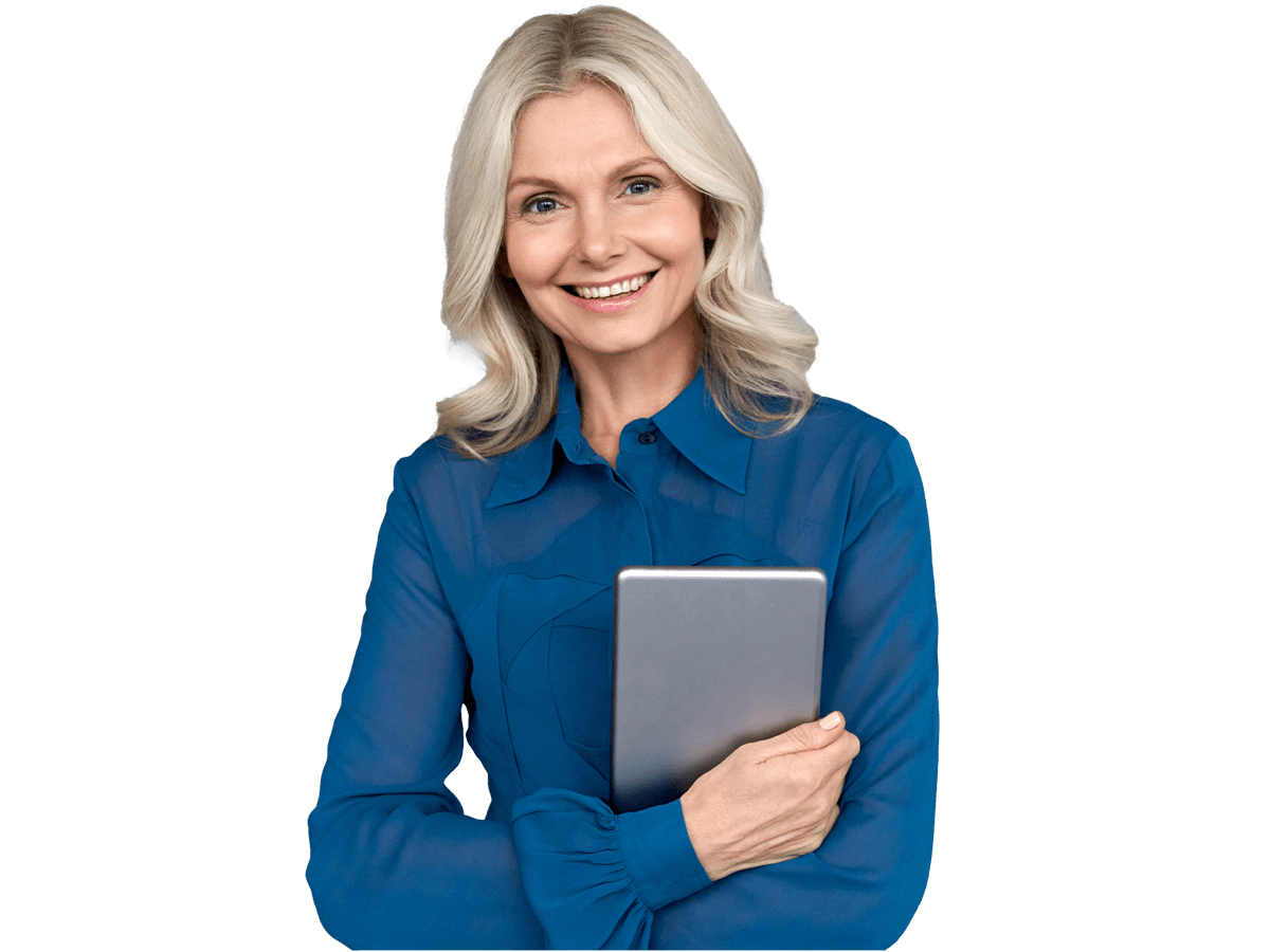 Icelandic transcreation services, Happy elegant middle aged older professional business woman leader, consultant manager, looking at camera holding digital tablet 