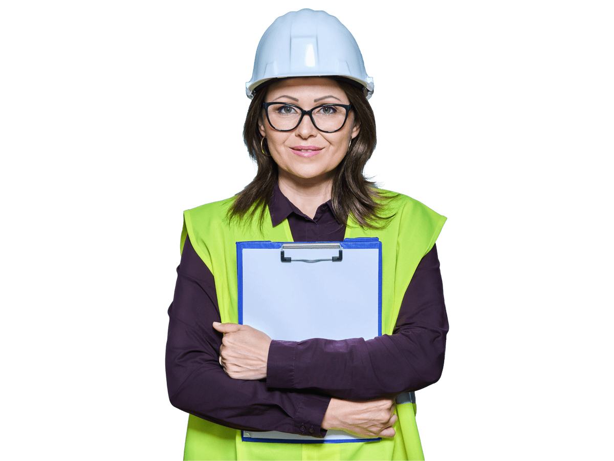 Import export translation services, Professional woman in safety vest helmet holding clipboard on blue background