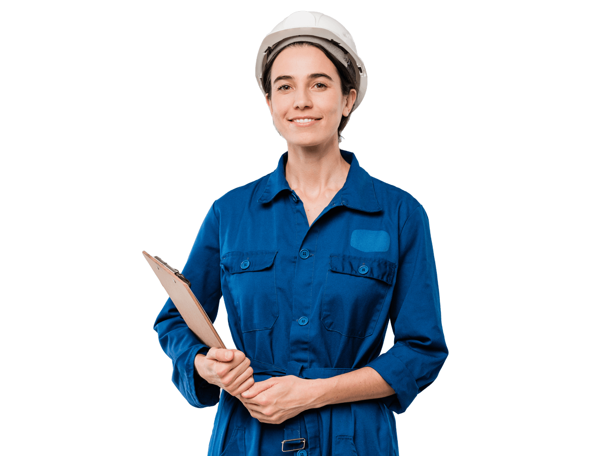 Industrial translation services, Happy young female mechanic in blue workwear and hardhat holding clipboard with document 