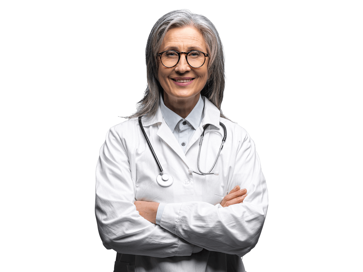 Italian medical translation services professional woman wearing a doctor's coat and glasses