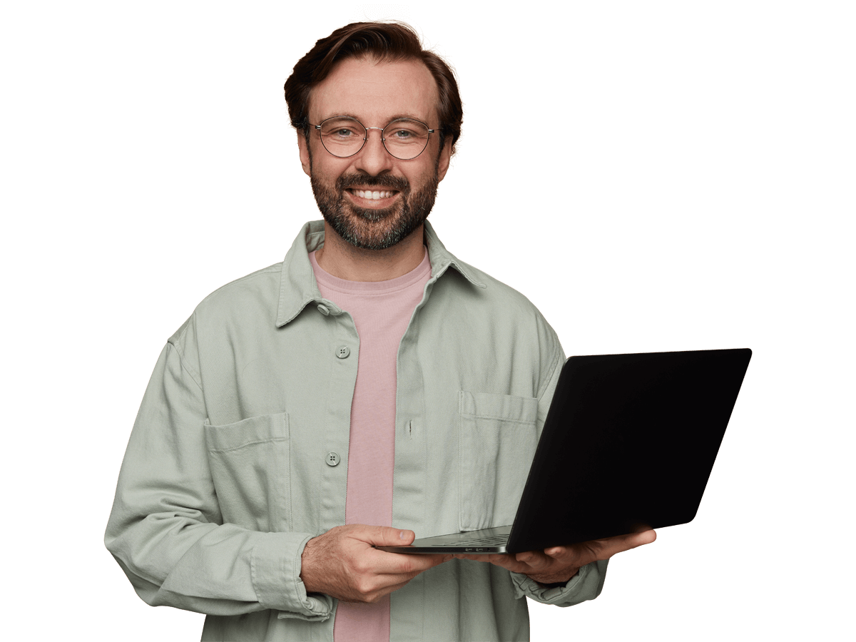 Italian website translation services man with glasses holding a laptop