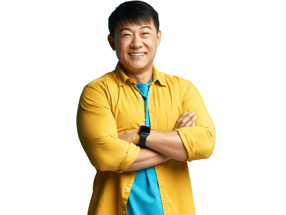 Japanese transcreation services, Portrait of Happy Asian Handsome Businessman Standing in Crossed Hands and Smiling