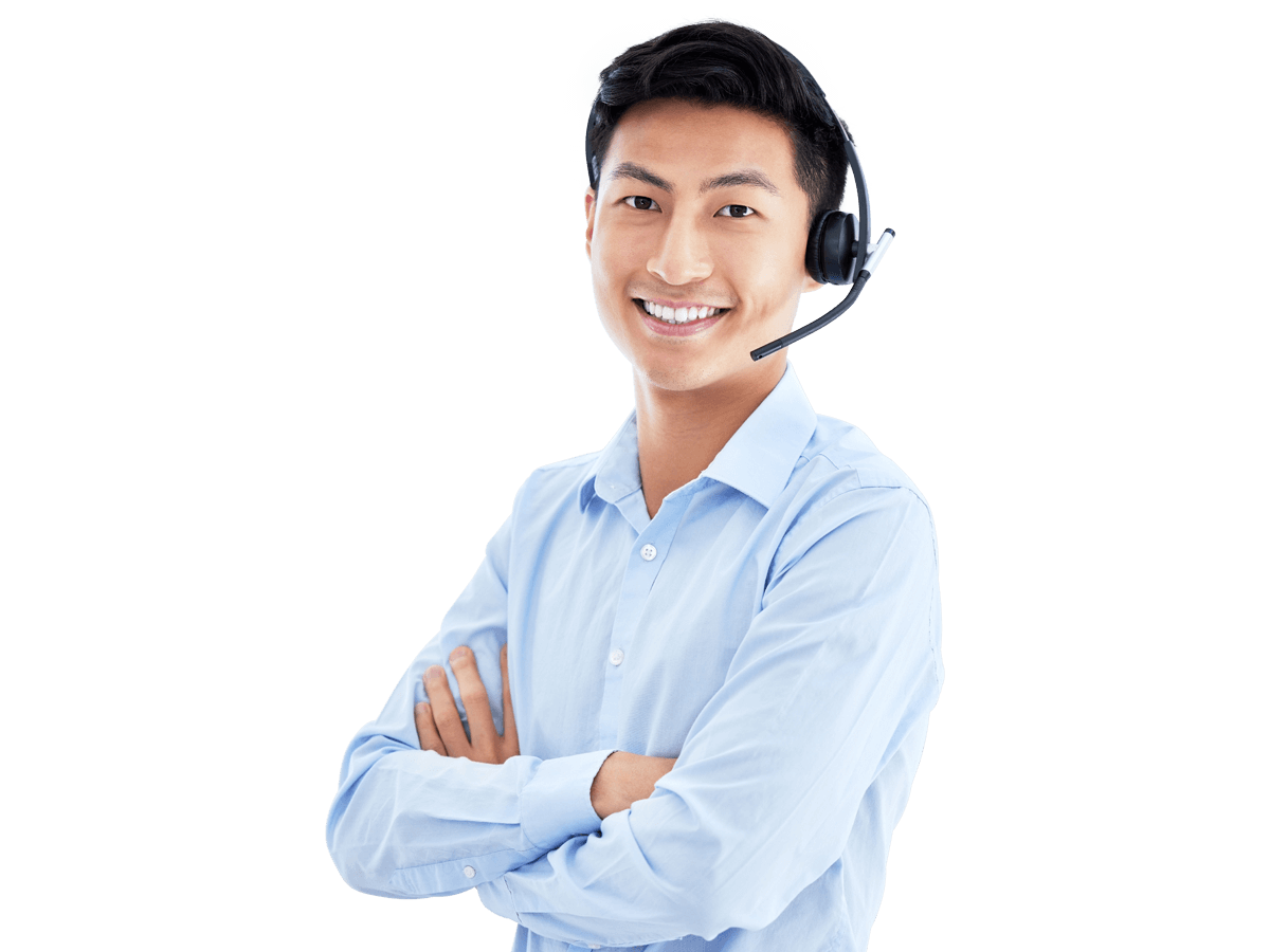 Khmer interpreting services company smiling man wearing a blue shirt and headset