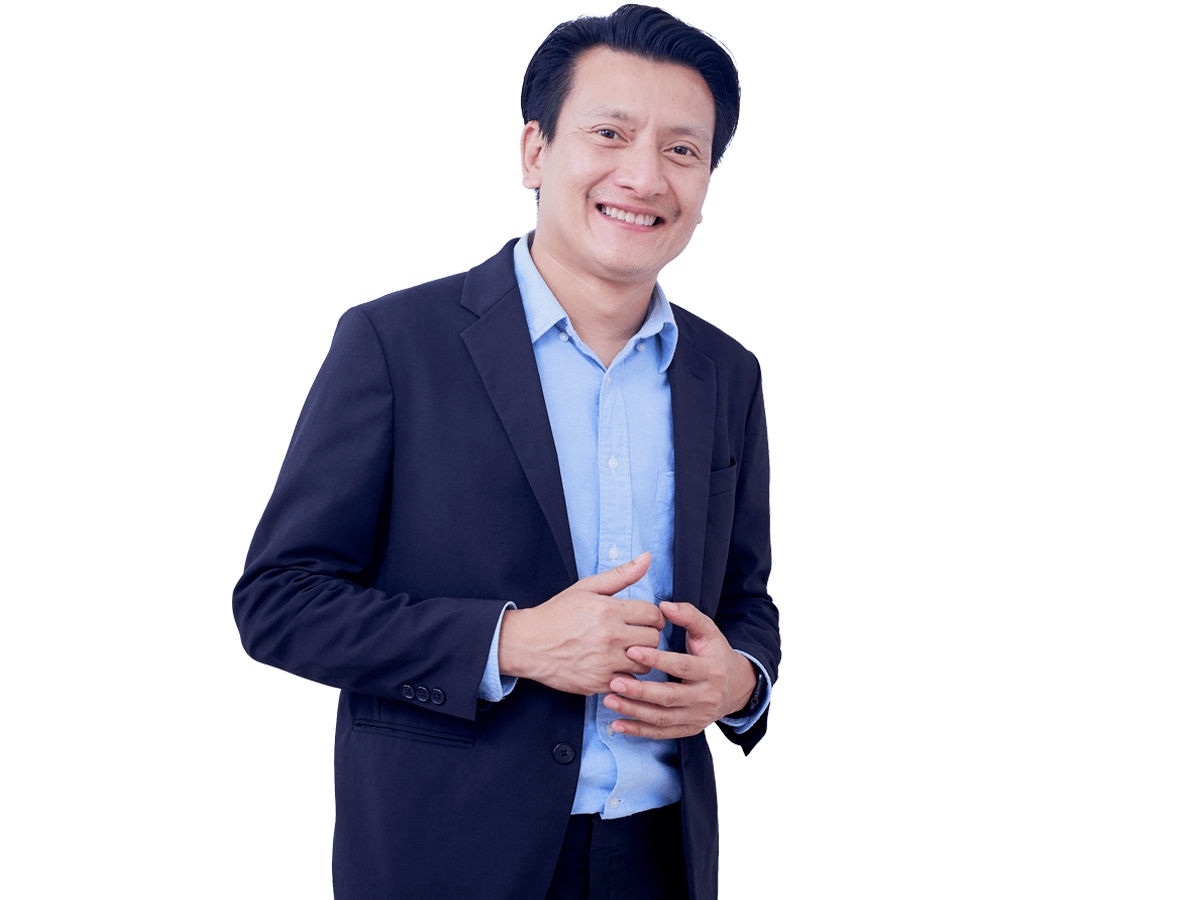 Khmer transcreation services, Portrait young handsome asian business man wearing a black suit with smiling