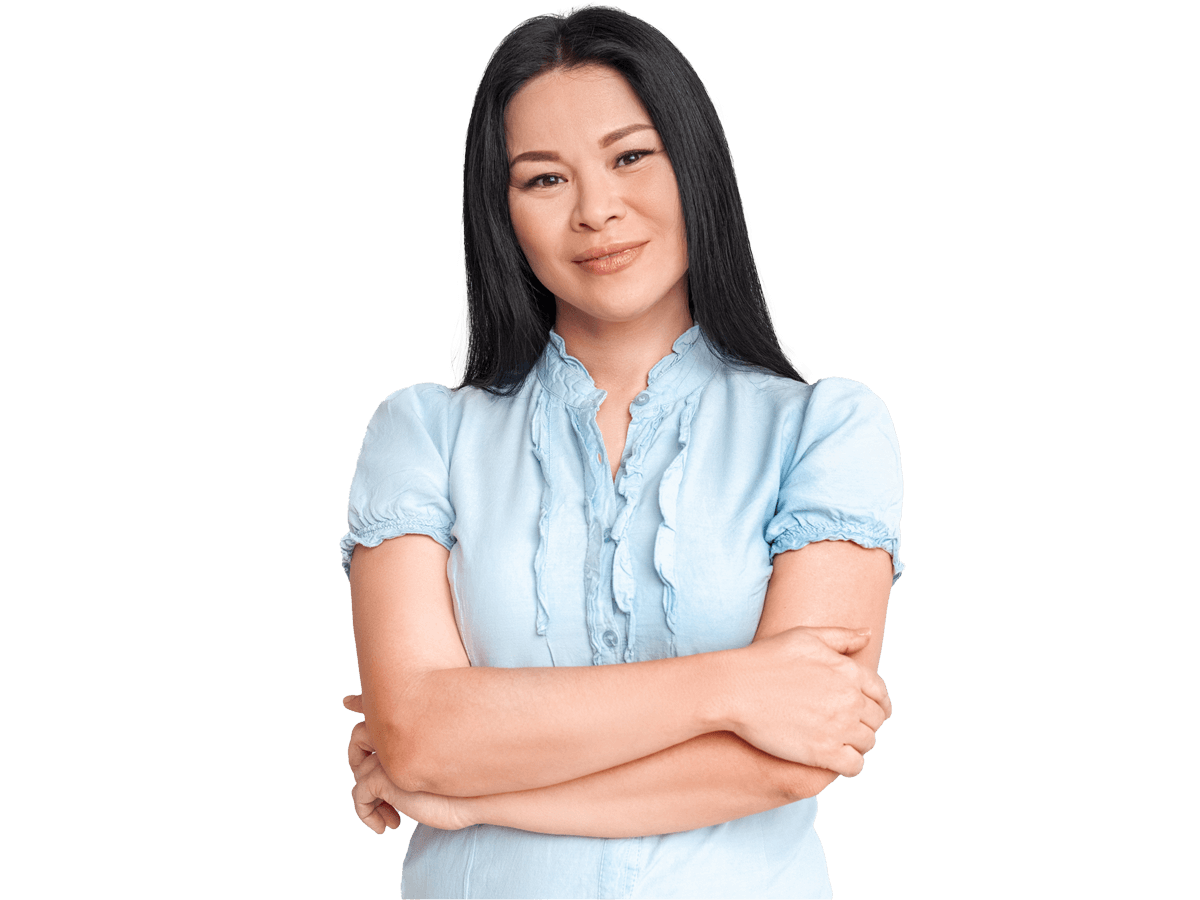 Korean subtitling services, Asian woman standing isolated on white background crossed arms looking camera smiling confident