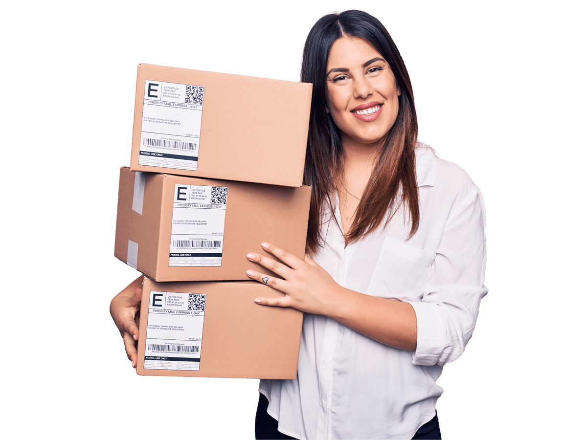 Labels and packaging translation services, Young beautiful brunette woman holding deliver packages standing over pink background looking positive