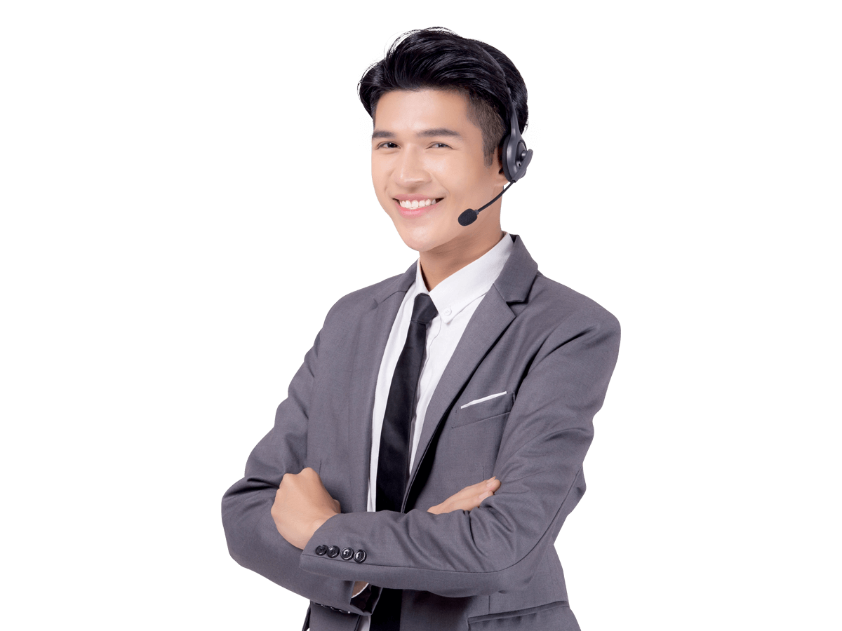 Lao interpreting services smiling man wearing a grey jacket and a headset